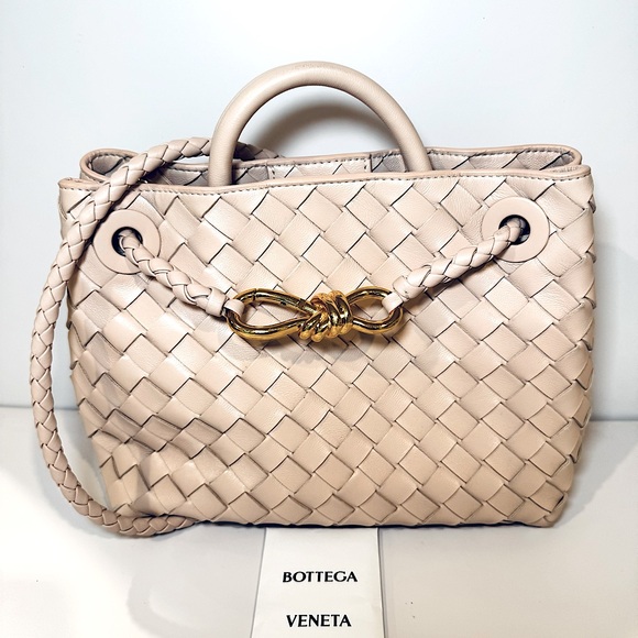 Bottega Veneta Handbags - Bottega Veneta Small Andiamo Shoulder Bag In Pink Nude Nappa Intrecciato Leather